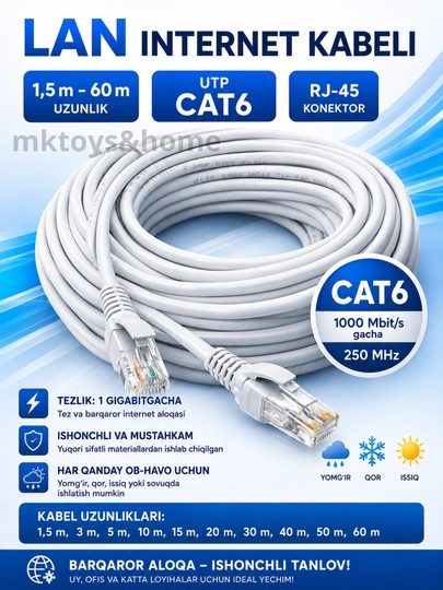 Сетевой кабель Wi-Fi Uchun Patch cord UTP cat6, 1,5 м, 3 м, 5 м, 10 м, 15 м,20 м,30 м, 40м
