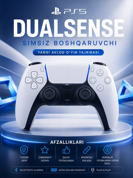 Bluetooth, tebranish va premium dizaynli PS5 DualSense simsiz kontrolleri - 
