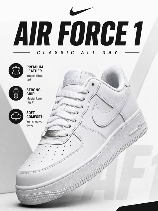 Nike Air Force 1 oq uniseks krossovka, kundalik oyoq kiyim