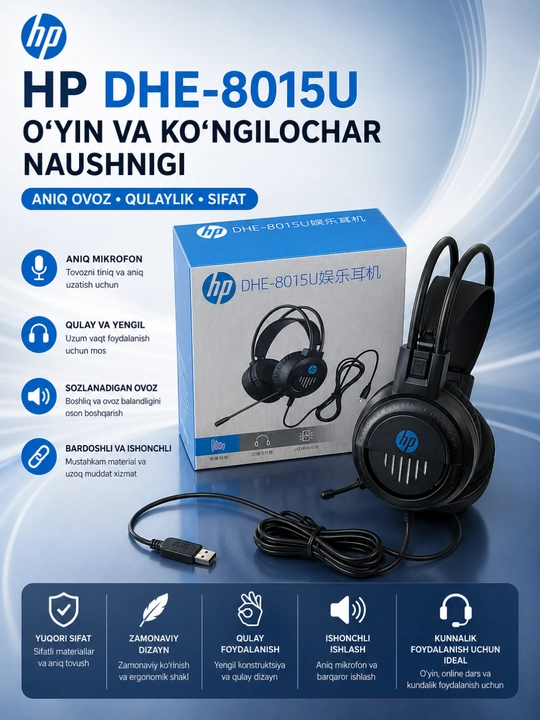 Hp dhe-8015u usb mikrofonli simli stereo quloqchin, kompyuter va noutbuk uchun qora - 