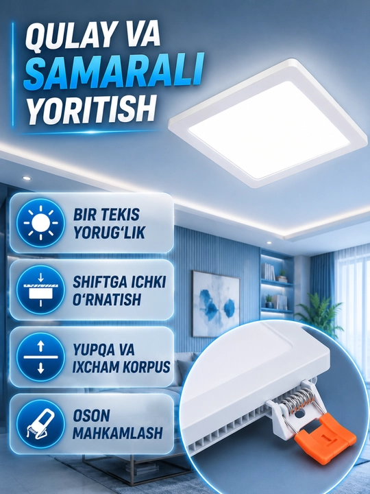 LED panel 36W, kvadrat shift uchun ichki o‘rnatiladigan kuchli yoritgich