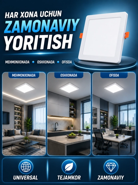 LED panel 36W, kvadrat shift uchun ichki o‘rnatiladigan kuchli yoritgich