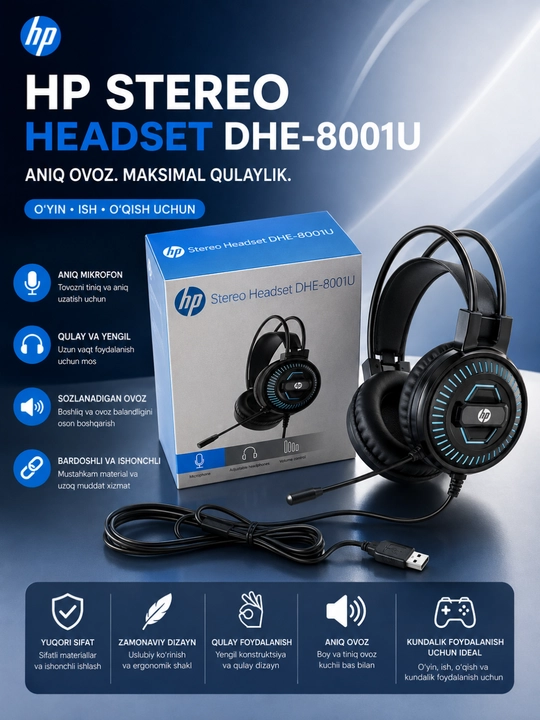 Hp stereo headset dhe-8001u usb mikrofonli quloqchin kompyuter va noutbuk uchun qora - 