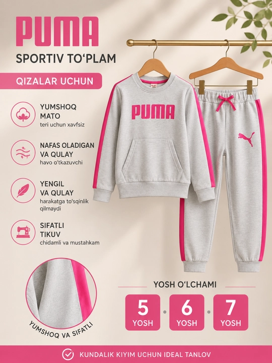 Bolalar uchun PUMA sport kostyumi, kofta va shim, 5-6-7 yosh, qiz va o‘g‘il bolaga