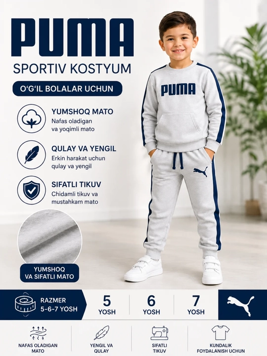 Bolalar uchun PUMA sport kostyumi, kofta va shim, 5-6-7 yosh, qiz va o‘g‘il bolaga