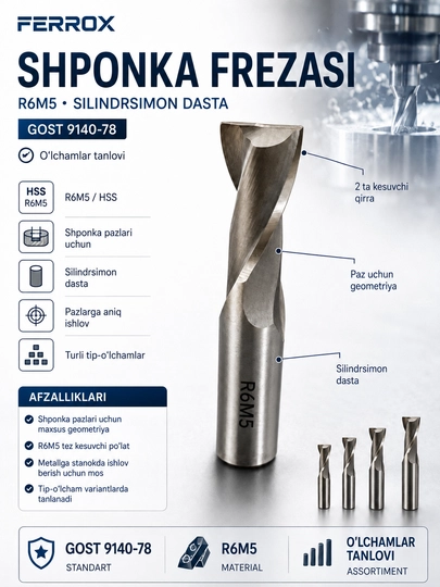Silindrsimon dastali R6M5 shponka frezasi, GOST 9140-78