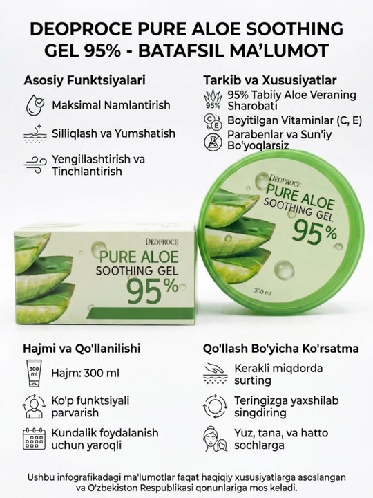 Deoproce Pure Aloe Soothing Gel 95% 300 ml — 95% tabiiy aloe vera ekstraktiga ega gel - 