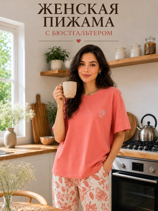 Женская пижама, с бюстгальтером, домашняя одежда, 100% хлопок