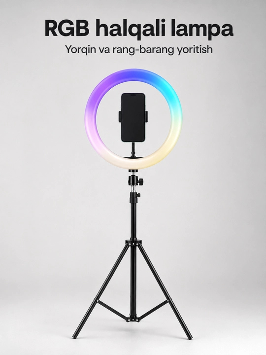 RGB halqali lampa shtativ va telefon tutqichi bilan, surat va video uchun