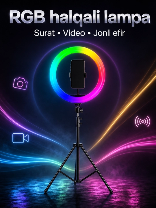 RGB halqali lampa shtativ va telefon tutqichi bilan, surat va video uchun