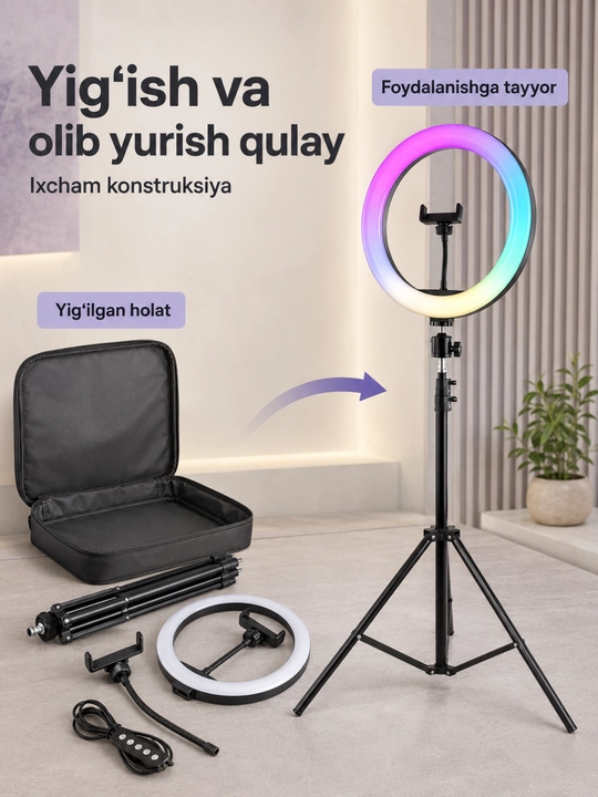 RGB halqali lampa shtativ va telefon tutqichi bilan, surat va video uchun - 
