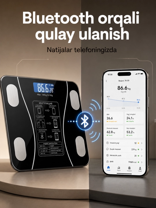 Aqlli elektron tarozi Bluetooth bilan, 180 kg, 13 ko‘rsatkich, 26 × 26 sm, qora, uy uchun