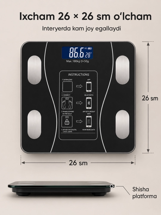Aqlli elektron tarozi Bluetooth bilan, 180 kg, 13 ko‘rsatkich, 26 × 26 sm, qora, uy uchun