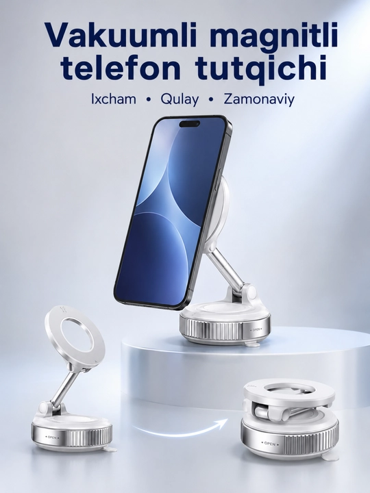 Telefon uchun magnitli vakuum podstavka telefon ushlagich 360° aylanadigan va yig‘iladigan