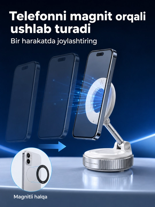 Telefon uchun magnitli vakuum podstavka telefon ushlagich 360° aylanadigan va yig‘iladigan