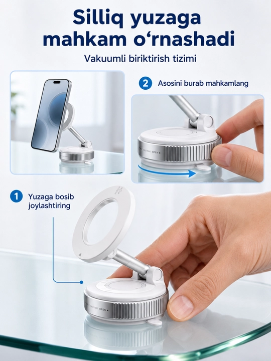 Telefon uchun magnitli vakuum podstavka telefon ushlagich 360° aylanadigan va yig‘iladigan