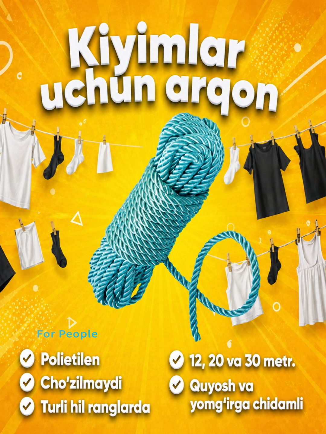 Kiyimlarni quritish va yuklarni bog'lash uchun Neylon arqon 12, 20 va 30m - 