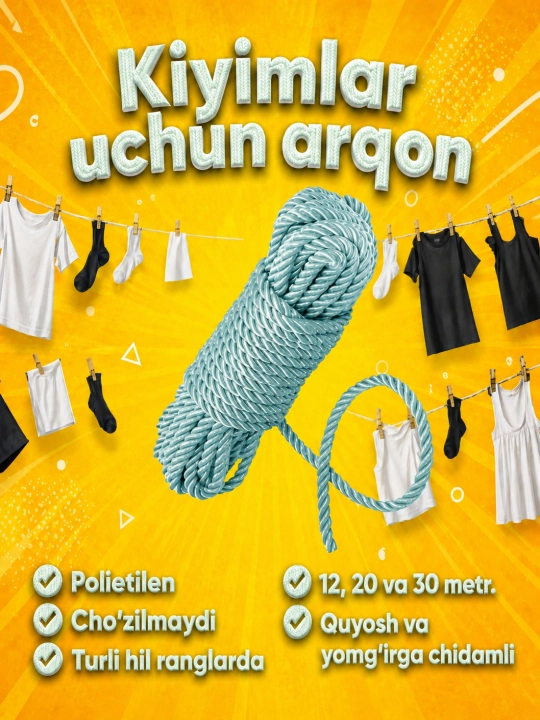 Kiyimlarni quritish va yuklarni bog'lash uchun Neylon arqon 12, 20 va 30m