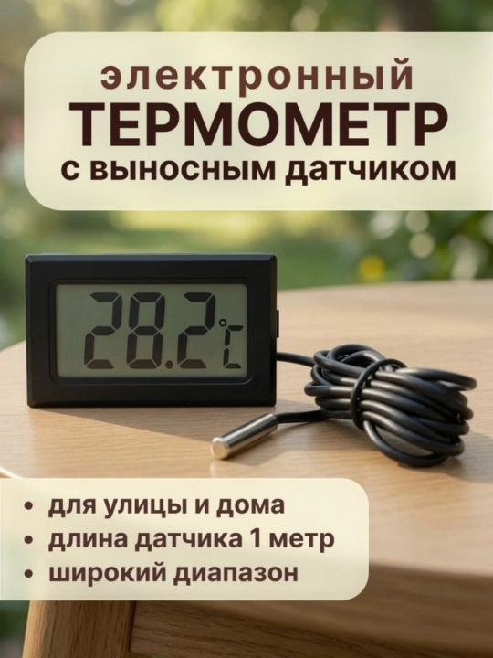 Термометр с выносным датчиком, черный - 