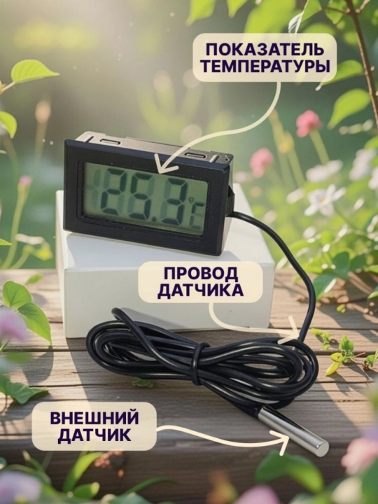 Термометр с выносным датчиком, черный