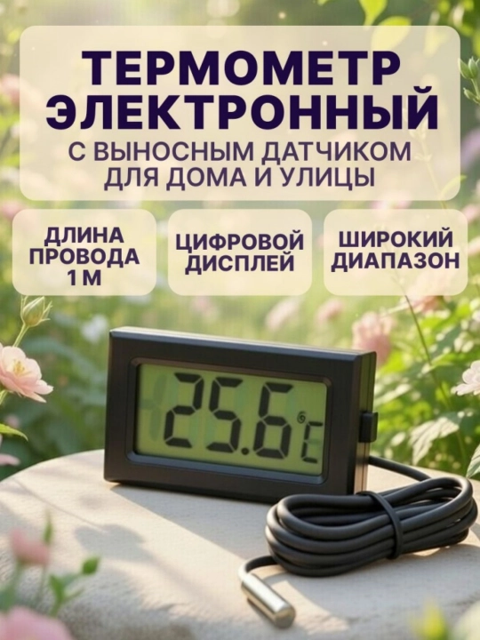 Термометр с выносным датчиком, черный