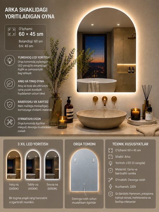Arka shaklidagi yoritiladigan oyna — 60 × 45 sm  - 