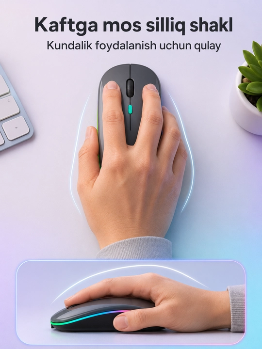 Simsiz Bluetooth va USB sichqoncha, RGB yoritgich, DPI tugmasi, batareya, qora, ofis uchun
