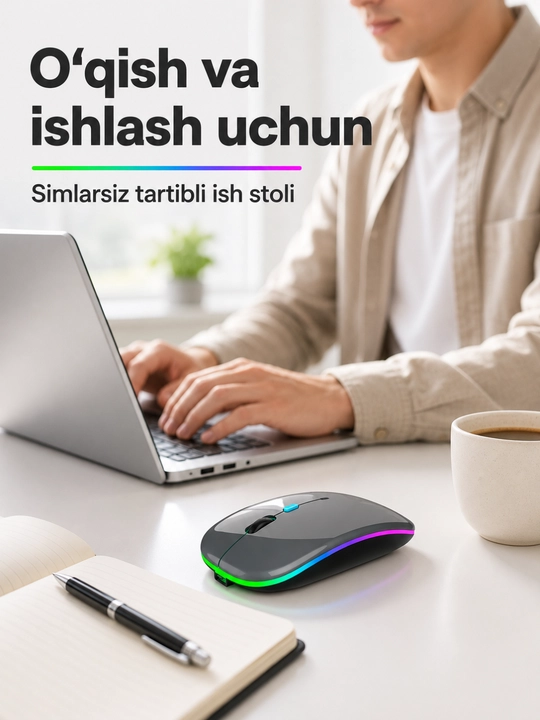 Simsiz Bluetooth va USB sichqoncha, RGB yoritgich, DPI tugmasi, batareya, qora, ofis uchun
