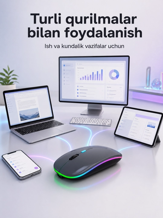 Simsiz Bluetooth va USB sichqoncha, RGB yoritgich, DPI tugmasi, batareya, qora, ofis uchun
