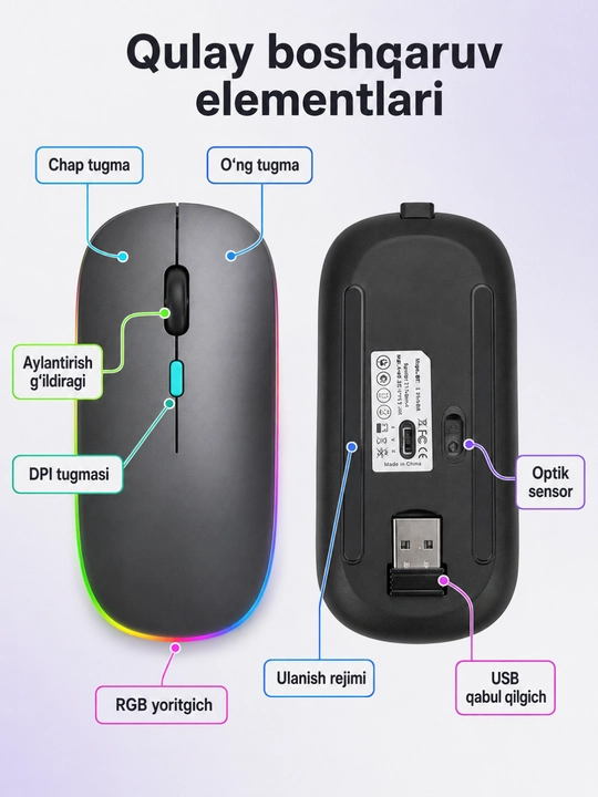Simsiz Bluetooth va USB sichqoncha, RGB yoritgich, DPI tugmasi, batareya, qora, ofis uchun