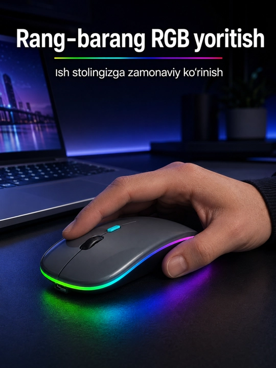 Беспроводная мышь Bluetooth и USB, RGB-подсветка, кнопка DPI, аккумулятор, черная, офисная - 