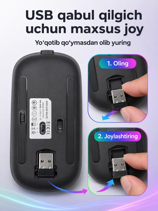 Simsiz Bluetooth va USB sichqoncha, RGB yoritgich, DPI tugmasi, batareya, qora, ofis uchun