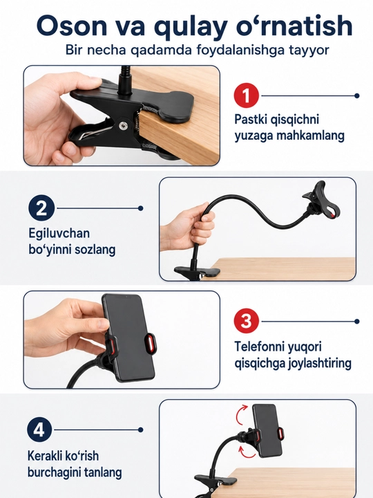 360 darajaga buriladigan telefon uchun metall-plastik prujinali mahkamlagich-qisqich