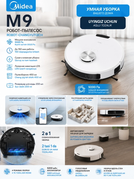 Робот-пылесос MIDEA M9, для сухой и влажной уборки - 