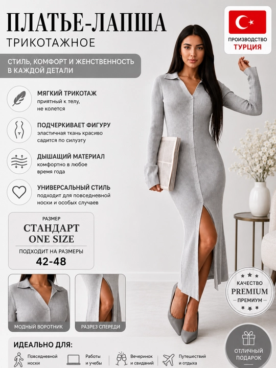 Платье женское трикотажное лапша, миди, облегающее, стандартный размер - 
