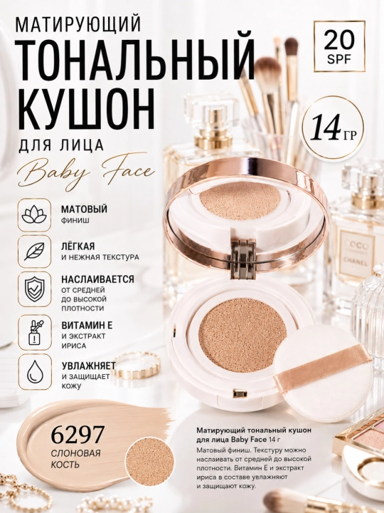 Yuz uchun matlashtiruvchi tonal kushon Baby Face, namlantiruvchi, SPF 20 pus bilan, 14 g - 