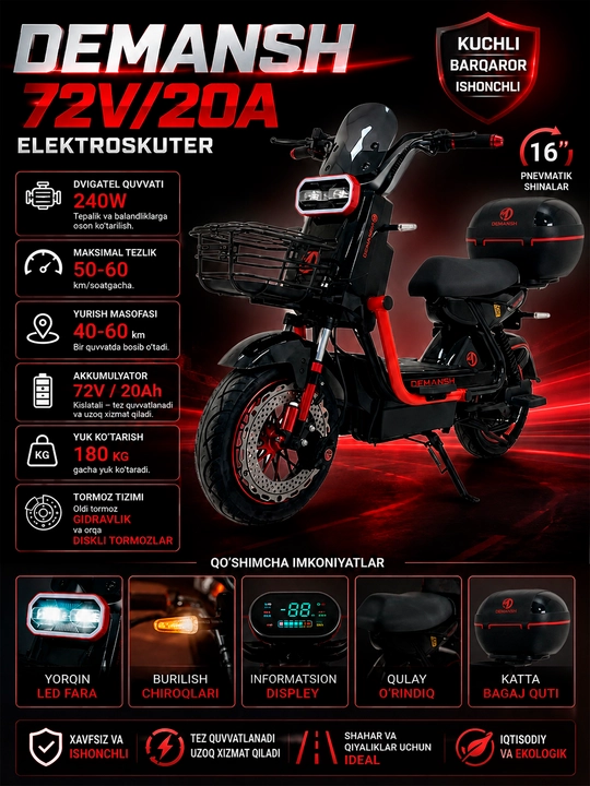 Elektroskuter DEMANSH 72V/20A akkumulyator - 