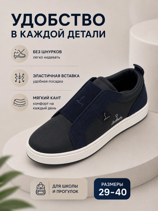 Подростковые кеды без шнурков для школы и прогулок, размеры 29–40