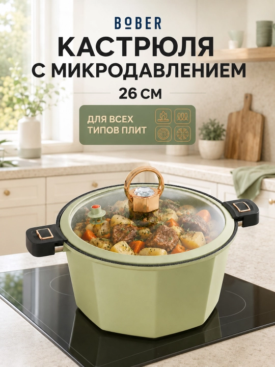 Кастрюля с микродавлением BOBER, 26 см, антипригарная, с крышкой и клапаном - 