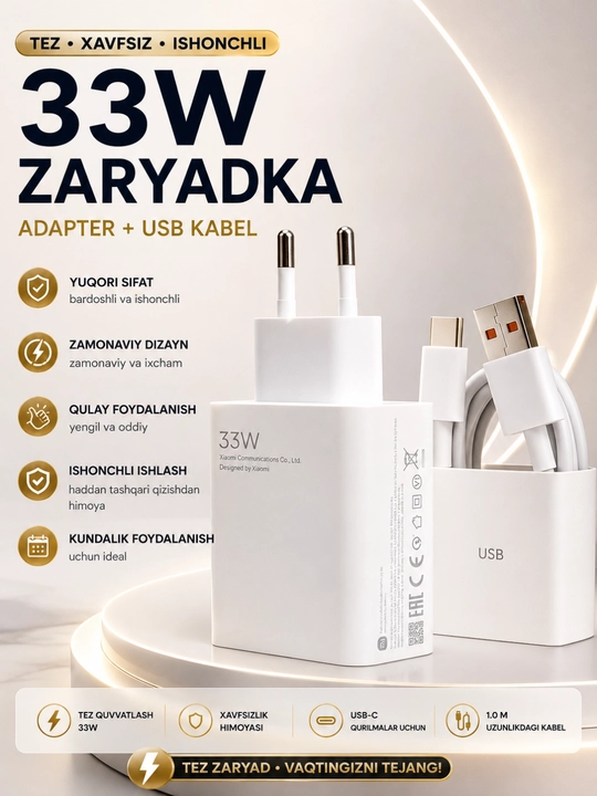 USB-C kabeli va adapteri bilan 33W / 67W / 120W tez quvvatlash qurilmasi - 