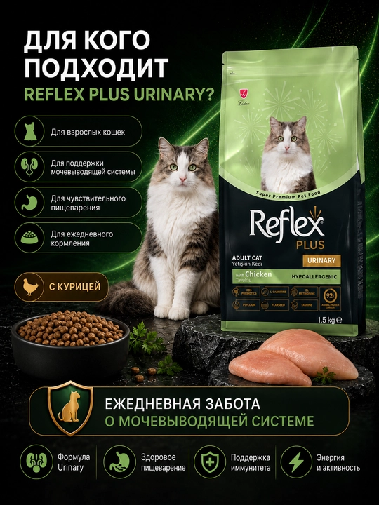 Reflex Plus Urinary – mushuklarda siydik-tosh kasalligining oldini olish uchun, 1.5 kg