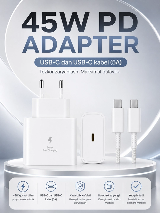 USB-C dan USB-C gacha bo‘lgan kabel bilan 45 Vt PD tez quvvatlash qurilmasi 5A tez quvvatlash - 