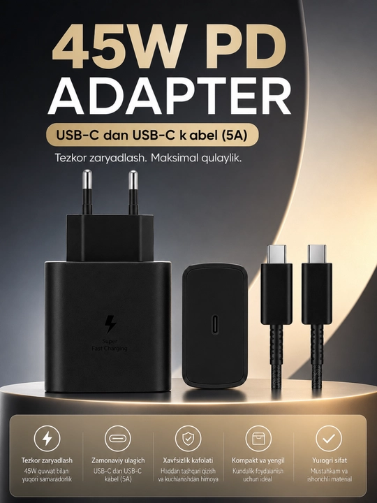 USB-C dan USB-C gacha bo‘lgan kabel bilan 45 Vt PD tez quvvatlash qurilmasi 5A tez quvvatlash - 