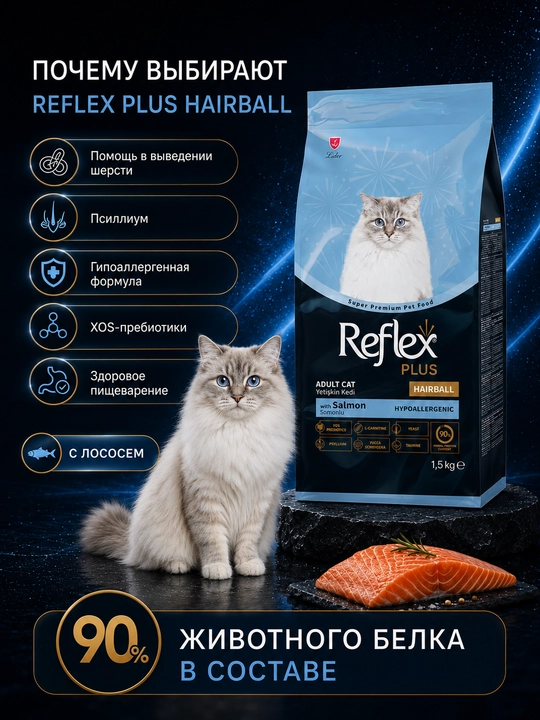 Reflex Plus Hairball, uzun junli mushuklar uchun quruq ozuqa, losos va tovuqli, 1.5 kg