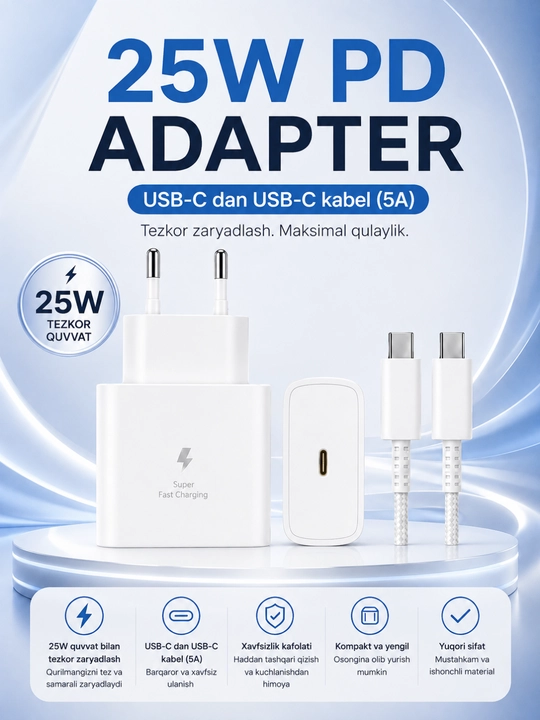 25W PD Tezkor Zaryadlovchi Adapter – USB-C 5A Kabel bilan Fast Charge Komplekti - 