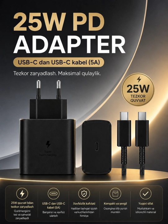 25W PD Tezkor Zaryadlovchi Adapter – USB-C 5A Kabel bilan Fast Charge Komplekti - 