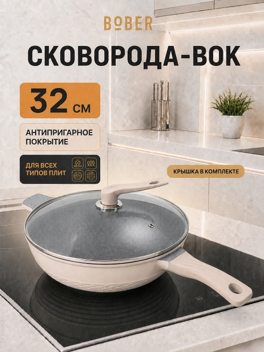 BOBER qopqoqli vok tova, 32 sm, yopishmaydigan, barcha plitalar uchun - 