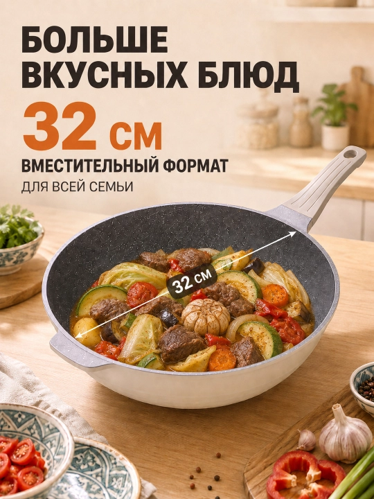 Сковорода-вок BOBER с крышкой, 32 см, антипригарная, для всех плит