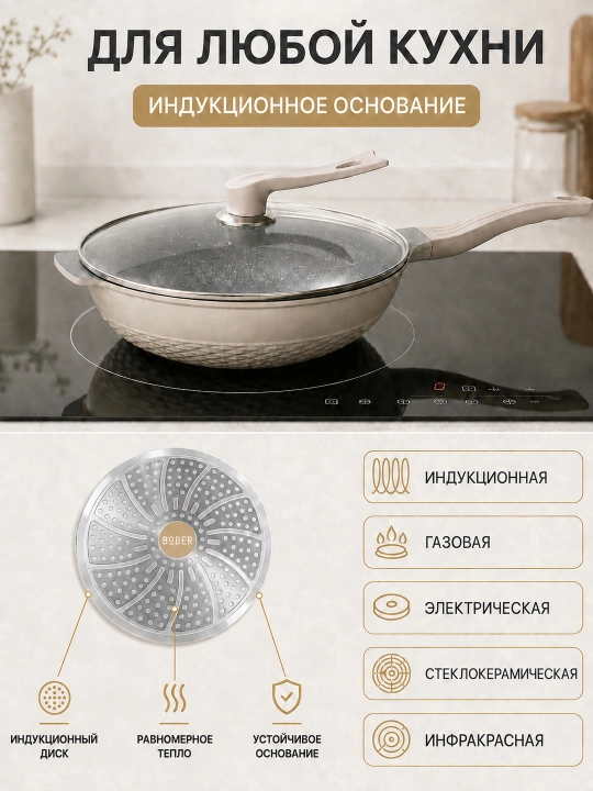Сковорода-вок BOBER с крышкой, 32 см, антипригарная, для всех плит