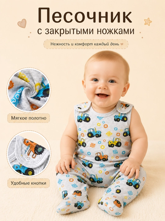 Песочник для новорождённых с закрытыми ножками, 100% хлопок, мягкий трикотаж - 